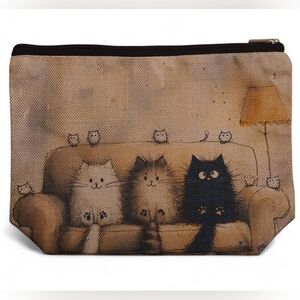 NEW 3 Sofa Kitties Large Brown 🤎 Cosmetic Makeup Bag Pouch Cat Lady Gift